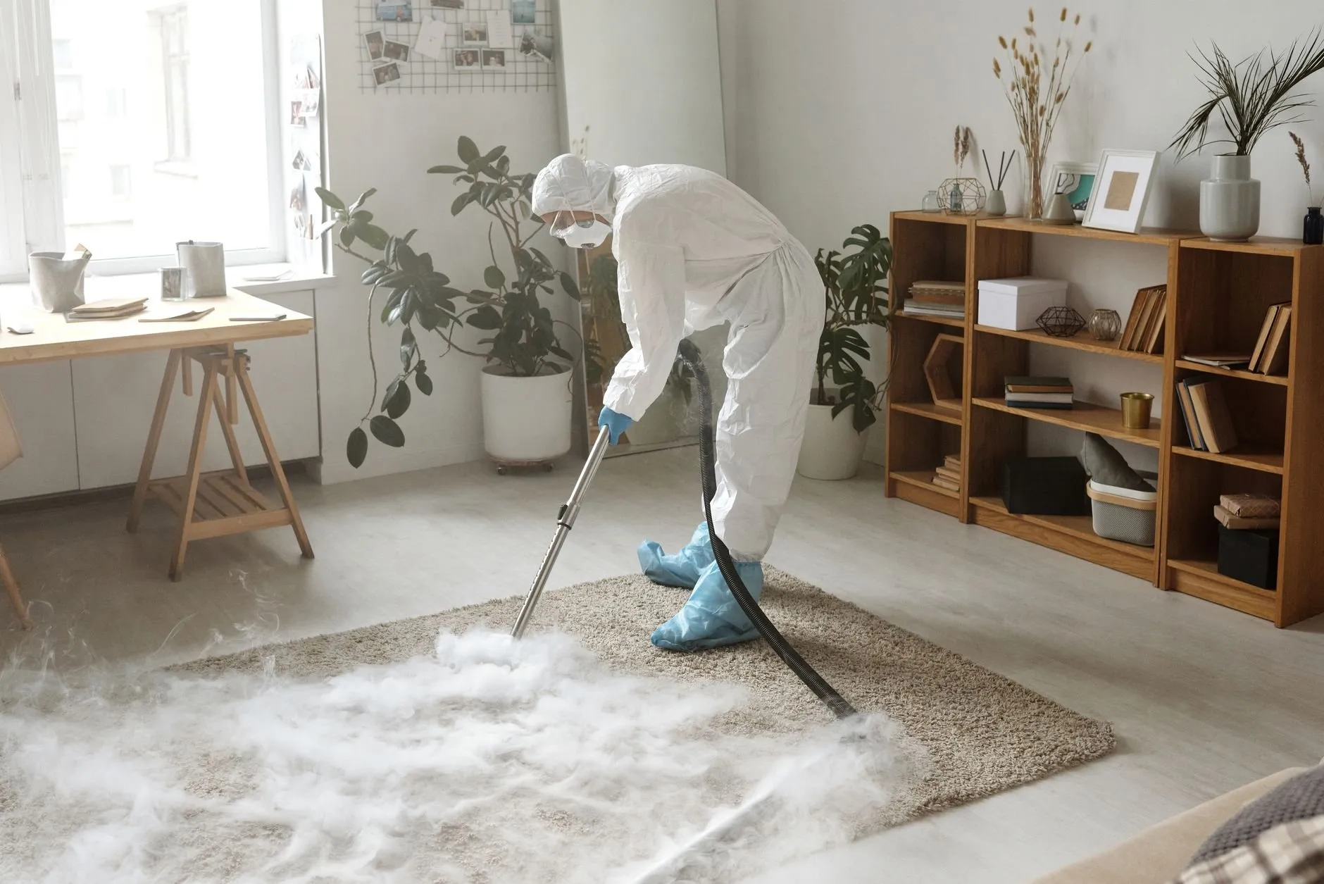 A technician in a white suit treating a rug in a bright living room